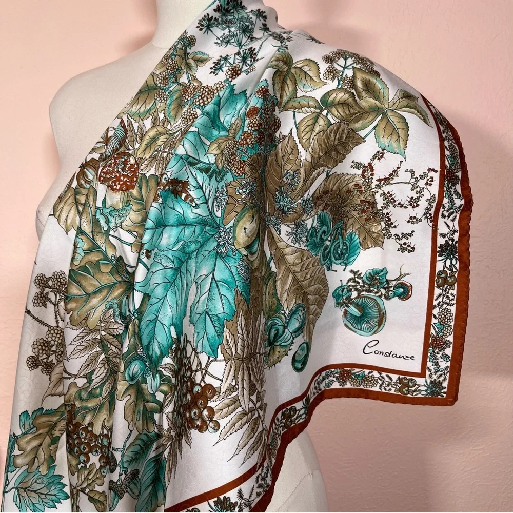 Vintage MCM Constanze  Fairycore Floral Mushroom Rust Aqua Jacquard silk Scarf